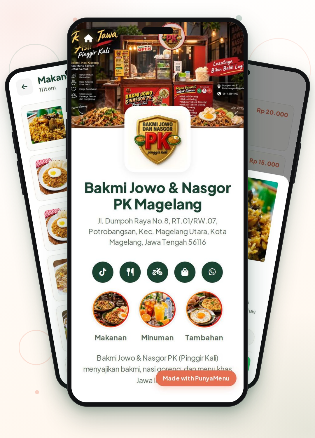 PunyaMenu — tampilan menu digital Bakmi Jowo & Nasgor PK Magelang di ponsel