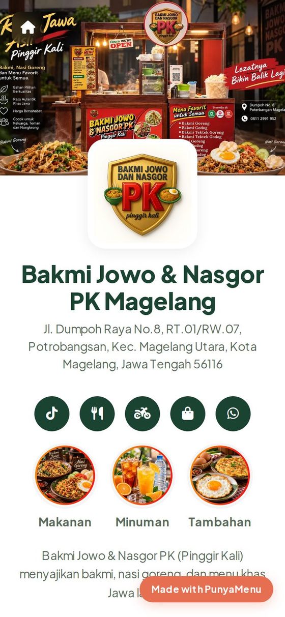 Halaman merchant: foto sampul, logo, nama, alamat, dan kategori