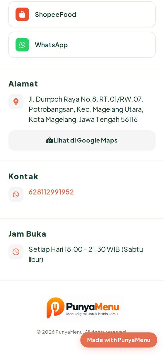 Informasi alamat, kontak, dan jam buka merchant