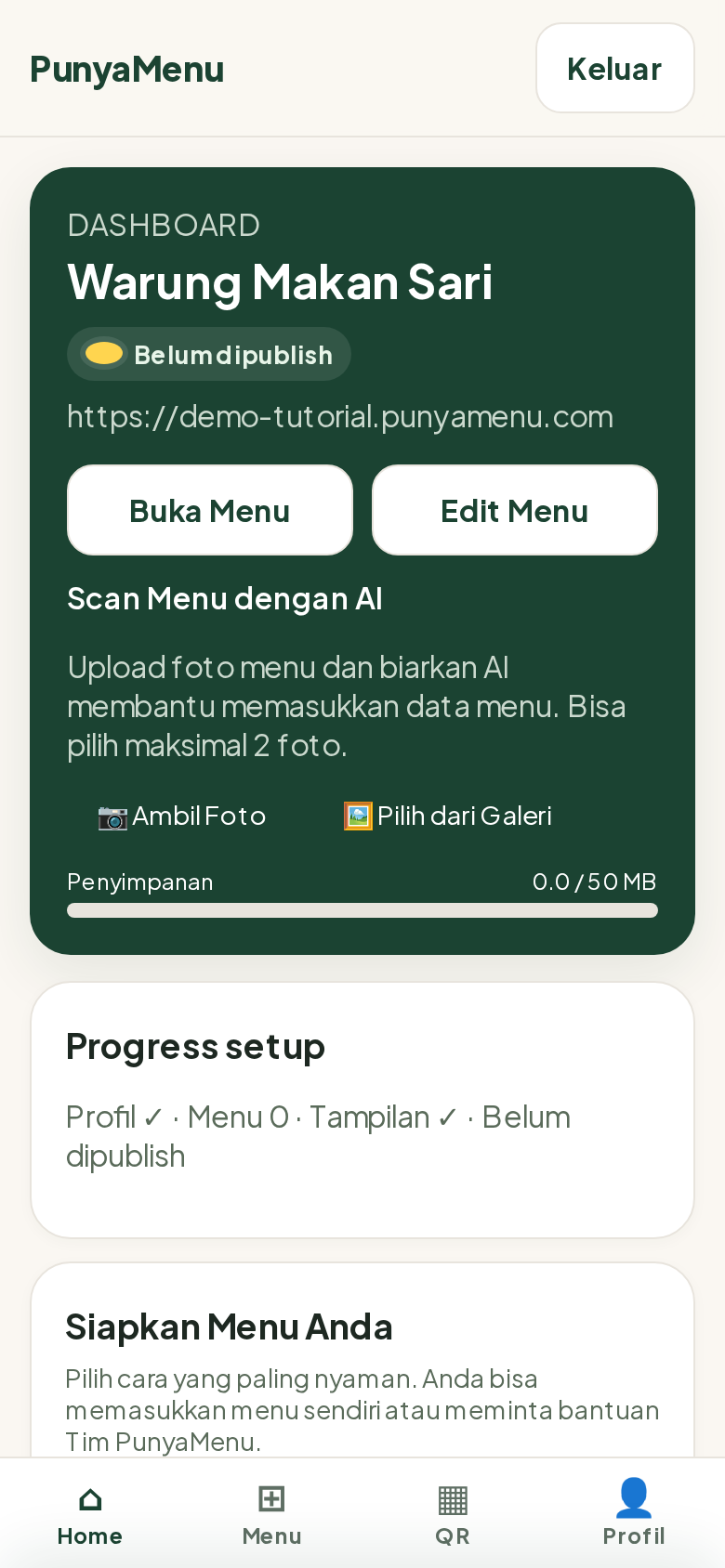 Tampilan dashboard merchant PunyaMenu